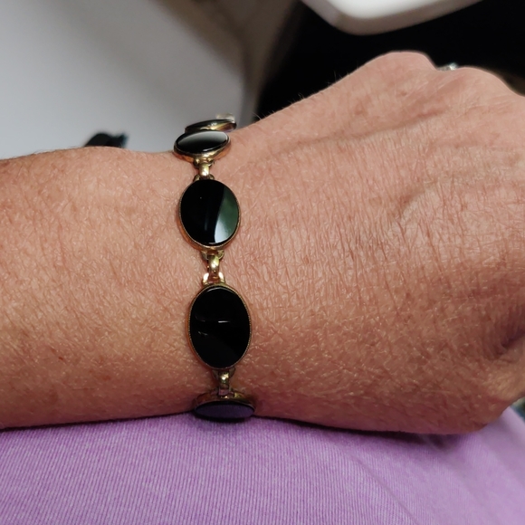 Antique oval Black Onyx Sterling+1/20 14kt Genuine gold filled bracelet 8"  50's - Picture 5 of 17